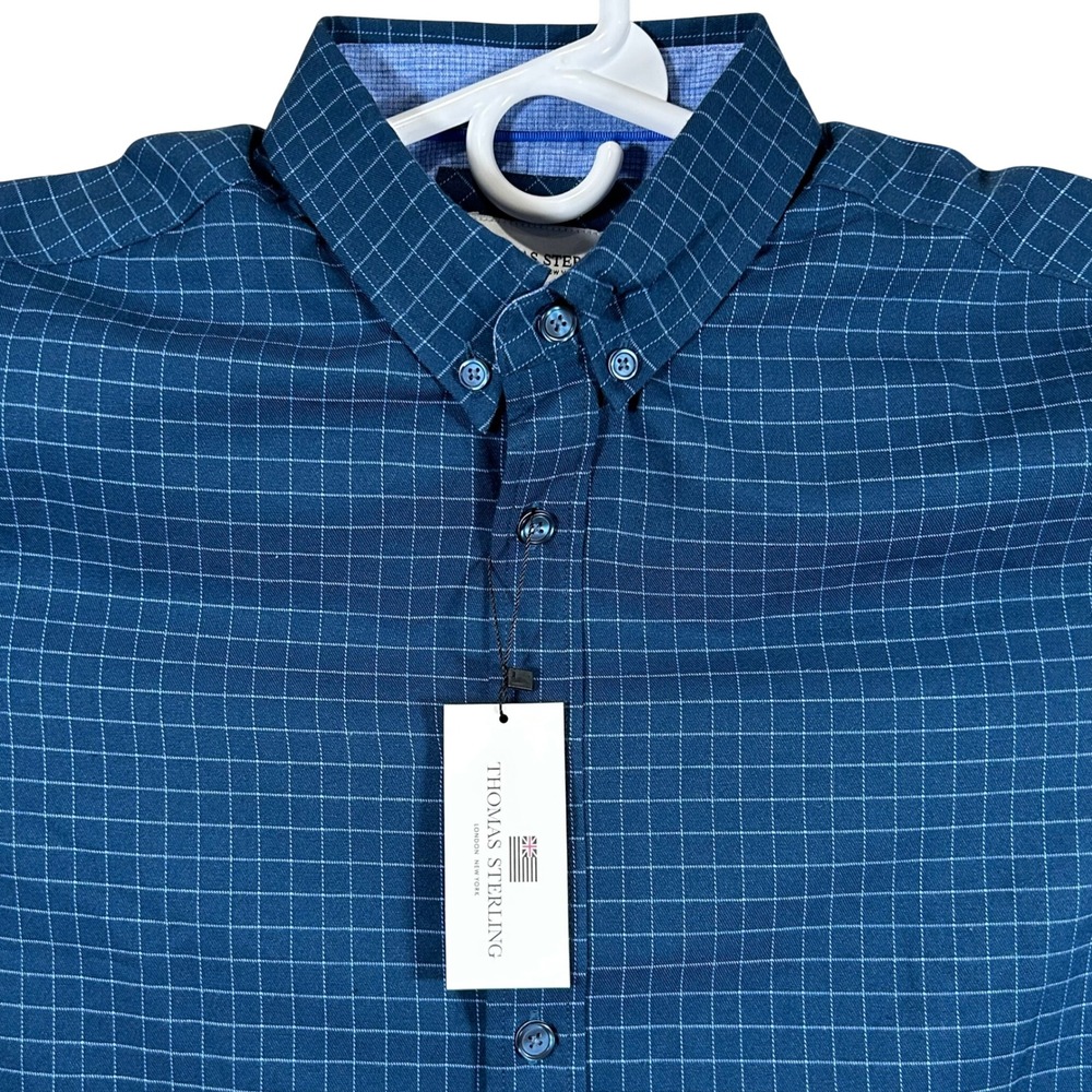 Thomas Sterling Mens Teal Blue Grid Button Down Shirt Long Sleeve Medium NEW